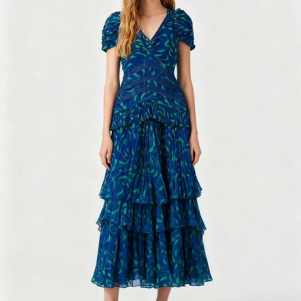 Self-Portrait Blue and Green Tiered Midi Dress